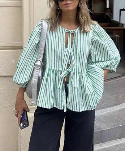 Women Y2k Puff Sleeve Peplum Shirts Bow Tie Front Blouse Flared Ruffle Hem Babydoll Tops Cute Summer Shirts in Saudi Arabia