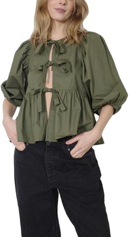 Women Y2k Puff Sleeve Peplum Shirts Bow Tie Front Blouse Flared Ruffle Hem Babydoll Tops Cute Summer Shirts in Saudi Arabia