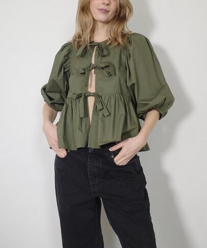 Women Y2k Puff Sleeve Peplum Shirts Bow Tie Front Blouse Flared Ruffle Hem Babydoll Tops Cute Summer Shirts in Saudi Arabia