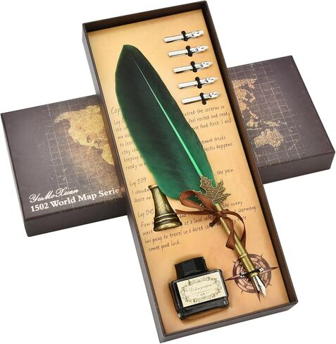 مجموعة حبر قلم Hethrone Qull - قلم ريش الخط مع الحبر يتضمن قلم غمس وحبر وحامل أقلام و5 رؤوس بديلة لكتابة دعوات الغناء (أخضر) in Kuwait