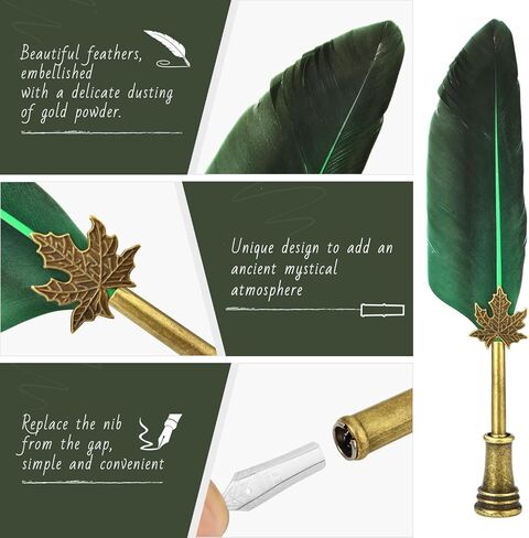 مجموعة حبر قلم Hethrone Qull - قلم ريش الخط مع الحبر يتضمن قلم غمس وحبر وحامل أقلام و5 رؤوس بديلة لكتابة دعوات الغناء (أخضر) in Kuwait