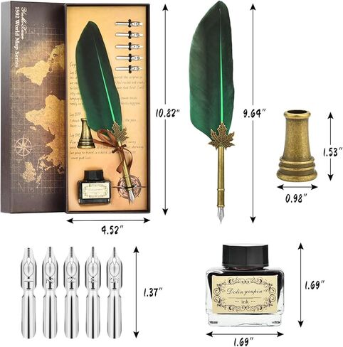 مجموعة حبر قلم Hethrone Qull - قلم ريش الخط مع الحبر يتضمن قلم غمس وحبر وحامل أقلام و5 رؤوس بديلة لكتابة دعوات الغناء (أخضر) in Kuwait