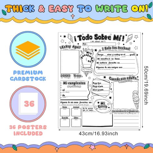 Nuanchu 36 Pcs 20'' x 17'' Color Your Own All About Me Spanish Posters Spanish All About Me Poster Bilingual Elementary School Posters for Students School Activities Kindergarten Spanish Speaking Kids in Saudi Arabia