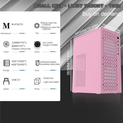 حافظة وردية/matx، حافظة itx، حافظة كمبيوتر Micro ATX عالية تدفق الهواء، تدعم MATX، Mini-ITX، حافظة Micro ATX نحيفة مع منفذ USB2.0x2 I/O، وردي بدون مراوح in Kuwait