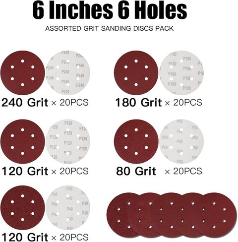 100 قطعة من أقراص الصنفرة ذات الخطاف والحلقة مقاس 6 بوصات مع حبيبات متنوعة 40/80/120/180/240 للحصول على لمسة نهائية فائقة in Kuwait