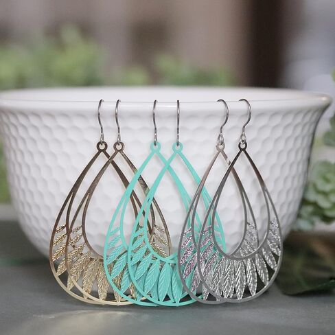 Leaf Cutout Dangle Earrings Lightweight Teardrop on Hypoallergenic Titanium Hooks (Silver) in Saudi Arabia