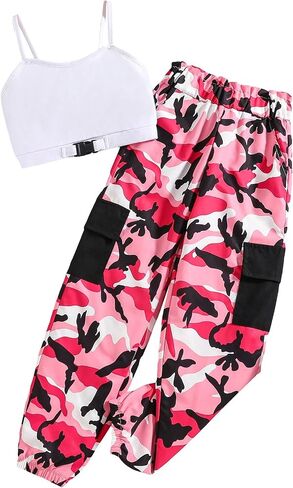Verdusa Girl's Casual 2 Piece Set Solid Cami Top and Camo Print Flap Pocket Pants in Saudi Arabia