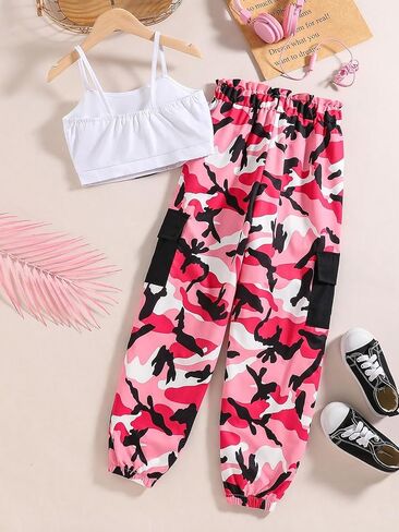 Verdusa Girl's Casual 2 Piece Set Solid Cami Top and Camo Print Flap Pocket Pants in Saudi Arabia