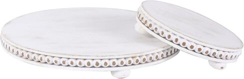 2 Pcs Wood Risers For Decor Beaded Wooden Pedestal Stand for Kitchen Counter Rustic Risers For Display Decorative Farmhouse Home Decorations Round Distressed White in Kuwait