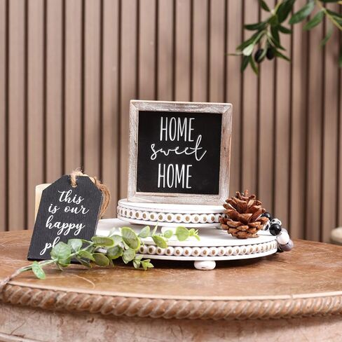 2 Pcs Wood Risers For Decor Beaded Wooden Pedestal Stand for Kitchen Counter Rustic Risers For Display Decorative Farmhouse Home Decorations Round Distressed White in Kuwait