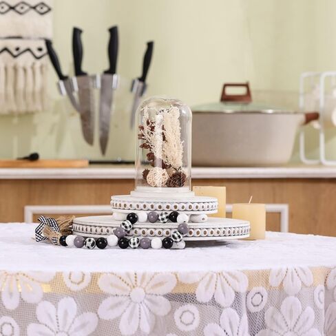 2 Pcs Wood Risers For Decor Beaded Wooden Pedestal Stand for Kitchen Counter Rustic Risers For Display Decorative Farmhouse Home Decorations Round Distressed White in Kuwait