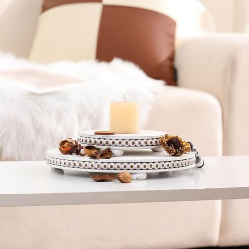 2 Pcs Wood Risers For Decor Beaded Wooden Pedestal Stand for Kitchen Counter Rustic Risers For Display Decorative Farmhouse Home Decorations Round Distressed White in Kuwait