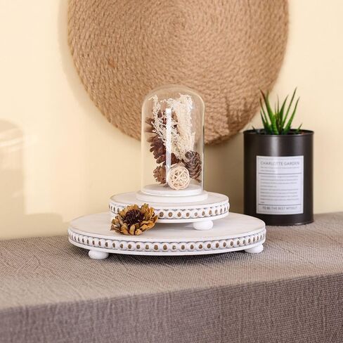 2 Pcs Wood Risers For Decor Beaded Wooden Pedestal Stand for Kitchen Counter Rustic Risers For Display Decorative Farmhouse Home Decorations Round Distressed White in Kuwait