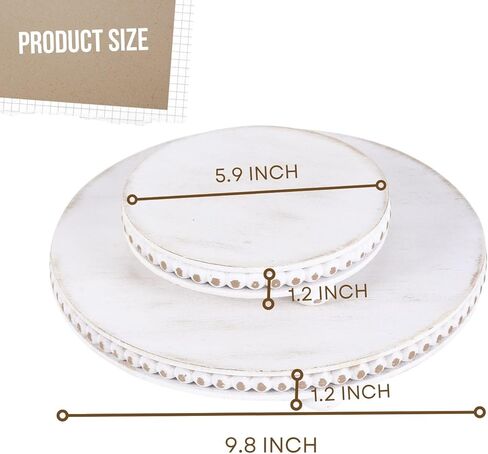 2 Pcs Wood Risers For Decor Beaded Wooden Pedestal Stand for Kitchen Counter Rustic Risers For Display Decorative Farmhouse Home Decorations Round Distressed White in Kuwait