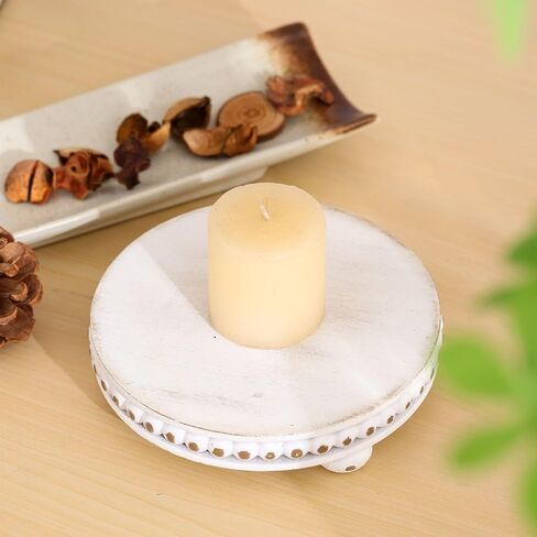 2 Pcs Wood Risers For Decor Beaded Wooden Pedestal Stand for Kitchen Counter Rustic Risers For Display Decorative Farmhouse Home Decorations Round Distressed White in Kuwait