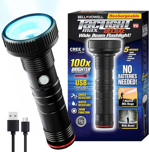 Bell+Howell Taclight Max Deluxe 1000 Lumens, 7,000K Cree LED - 10 Hours Power Handheld Flashlight, 5 Modes, Rechargeable, Water/Shatter Resistant Tactical and Camping Flash Light in Kuwait