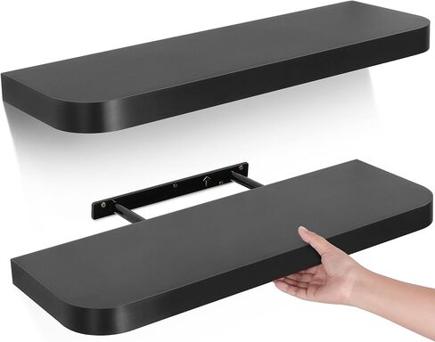Gronda Black Floating Shelves for Wall, 24 Inch Wall Mounted Wood Shelf Set of 2, Modern Home Decor Storage Large Shelf Long Heavy Duty for Bathroom, Bedroom, Kitchen, Office, Living Room in Saudi Arabia