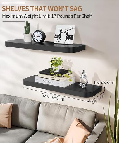 Gronda Black Floating Shelves for Wall, 24 Inch Wall Mounted Wood Shelf Set of 2, Modern Home Decor Storage Large Shelf Long Heavy Duty for Bathroom, Bedroom, Kitchen, Office, Living Room in Saudi Arabia