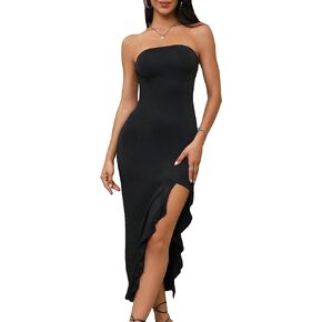 Floerns Women's Ruffle Slit Strapless Tube Dress Bodycon Split Thigh Club Dresses