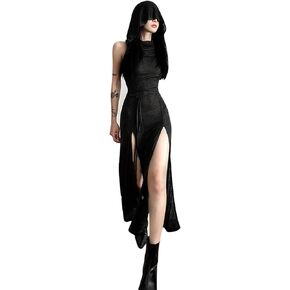 Women's Gothic Sleeveless Hooded Dress Y2K Side Split Hollow Out Midi Dress Bodycon Cocktail Party Club Dresses