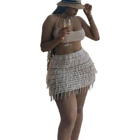 Women 2 Piece Outfits Sexy Crochet Mini Dress Hollow Tassel Skirts Sets Summer Bandage Tube Tops