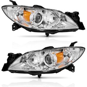 for 2004-2009 Mazda 3 Sedan Headlight Assembly Replacement for 04-09 Mazda 3 Sedan 4Dr Projector Headlight Replacement Black Housing Pair