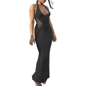 Women Sexy V Neck Bodycon Sweater Dress Knitted Halter Backless Hollow Out Waist Maxi Dress Party Club Long Dresses