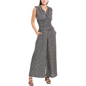 Max Studio womens Fall 2023 Casual Ruffled V-neck Smocked Waist Chic Printed Everyday Wide Leg Jumpsuit
