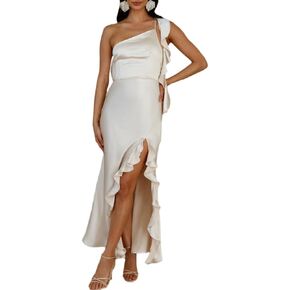 Summer Satin One Shoulder Backless Ruffle Maxi Wedding Guest Dress Sexy Sleeveless Slit Midi Cocktail Dresses for Women 2024