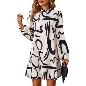 Women's Dress Graphic Print Mock Neck Lantern Sleeve MIdi Dress Stand Collar Long Sleeve Women's Clothing