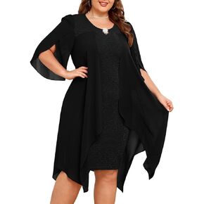 Hanna Nikole Plus Size Chiffon Dress 3/4 Sleeve Flowy Cocktail Party Midi Dresses