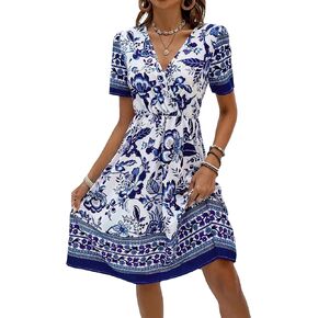 OYOANGLE Women's Boho Floral Print Short Sleeve Dress Wrap V Neck High Waist A Line Summer Dresses