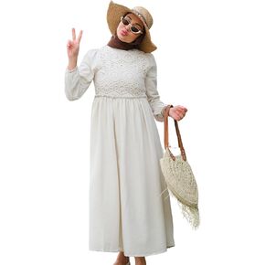 Dress for Muslim Women Linen Casual Long Dress Lace Detailed Dress Hijab Clothing Fashion