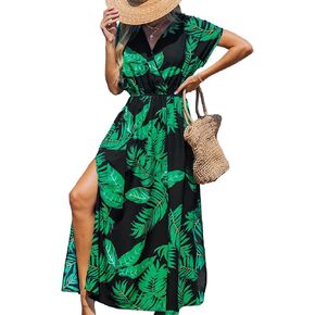 CUPSHE Women's Plunging V Neck Dress Tropical Leaves Print Dresses Short Sleeve Split Hem Maxi Dress