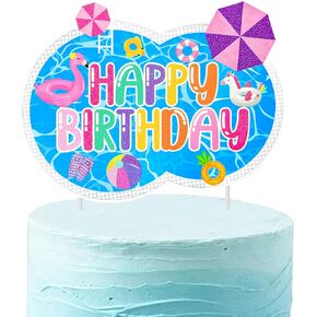 Summer Pool Party Cake Topper Summer Beach Birthday Cake Decorations Tropical Hawaii Happy Birthday Cake Pick for Swimming Pool Theme Baby Shower Supplies