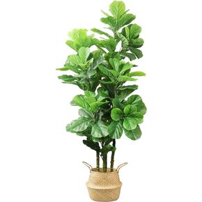 6ft Artificial Tree Indoor with Woven Seagrass Plant Basket, Artificial Fiddle Leaf Fig Tree Fake Tree Faux Plant Indoor for Living Room Office Floor Home Decor (70 in)