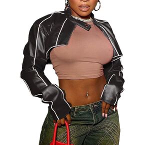 SEMATOMALA Women's Mock Neck PU Leather Crop Jacket Shrug Moto Biker Zip Up Faux Leather Slim Bolero Coat