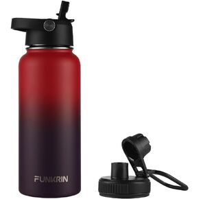 Funkrin Insulated Water Bottle with Straw Lid & Spout Lid, 32oz Personalized Vacuum Stainless Steel Travel Mug, Leak Proof Double Walled Thermos for Hot & Cold Beverages