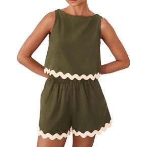 Women's 2024 Summer Outfits Cute Sleeveless 2 Piece Set Crewneck Tank Crop Top Shorts Lounge Sets (0305-ArmyGreen-S)