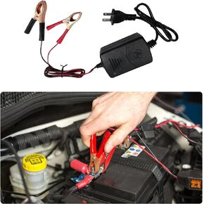 Car Battery Charger, 12V Multipurpose Lead Acid Automotive Charger with Crocodile Clip and Power Indicator, Smart Vehicle Battery Charger for Car, Motorcycle, Boat and More