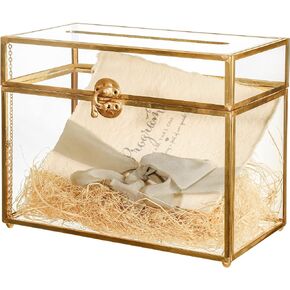 NCYP Wedding Cards Box with Slot - 9.8 x 5.6 x 7.7 Inch - Gold Glass Envelope Box for Birthday Party Reception - Vintage Centerpiece, Home Indoor Tabletop Decor, No Lock (Glass Box Only)