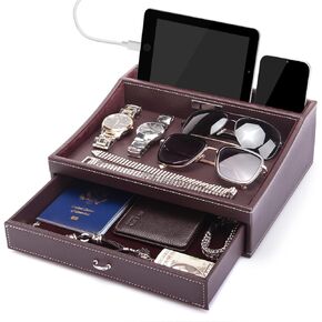 Baoyun Gifts for Dad Nightstand Organizer, Mens Jewelry Box Organizer, Mens Dresser Organizer Countertop, Large Capacity Leather Valet Tray for Phones Pad Wallet Key Birthday Gifts for Men