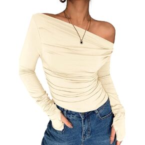 Zenlonr Women's Casual Long Sleeve Shirts 2024 Slim Fit Off Shoulder Going Out Crop Tops Y2K Tight T Shirts