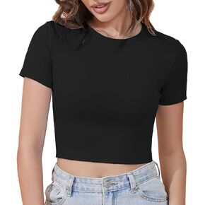 Short Sleeve Crop Tops for Women Trendy Cotton Slim Fitted Tees Basic Tshirts Tight Cropped T Shirts Crew Neck