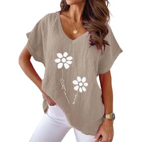 Women Cotton Linen Tops Causal Summer Short Sleeve Oversized T Shirts V Neck Loose Blouses