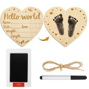 Baby Announcement Sign Set, Wooden Hello World Newborn Sign with Ink Pad Birth Announcement Cards for Hospital Baby Shower Birthday (Heart)