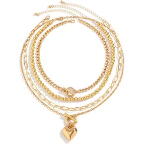 Layered Gold Necklaces Stack for Women Girls Chunky Gold Necklace Herringbone Paperclip Chain Necklace Retro Coin Medallion Pendant Dainty Cuban Chain Toggle Clasp Jewelry Gift
