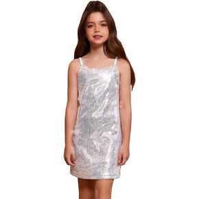 Perfashion Girls Sequin Dress Adjustable Spaghetti Strap Pencil Cami Midi Bodycon Dress Sparkly Party 6-15Y