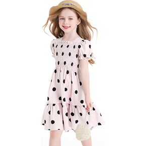 Little Girls Polka Dots Lantern Ruffle Sleeve Elastic High Waist Maxi A-line Pleated Summer Party School Dress
