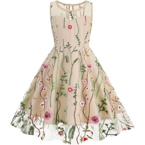 Kids Girls Sleeveless Mesh Floral Embroidery Dress Vintage A-line Cocktail Prom Party Princess Dresses